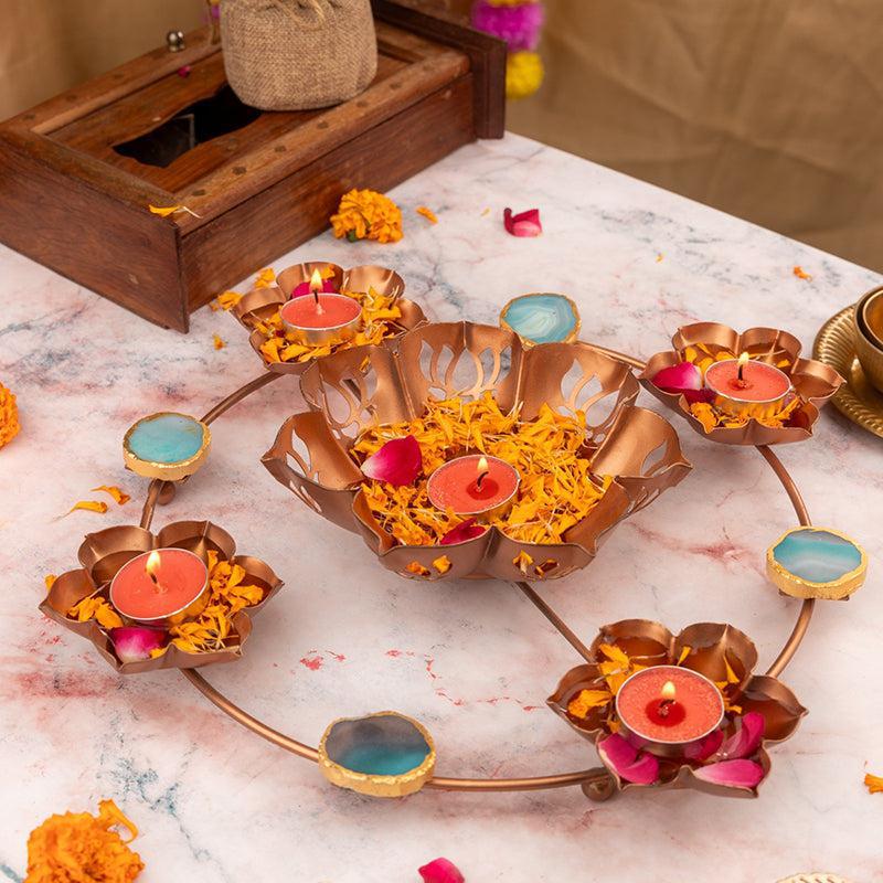 Crystal Kamala Metal & Agate Tea Ligh Holder - Turqoise