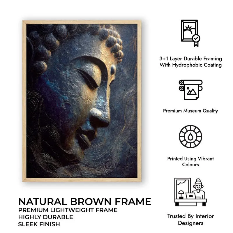 Mystic Blue Buddha Archival Paper Wall Painting With Brown Frame media 9