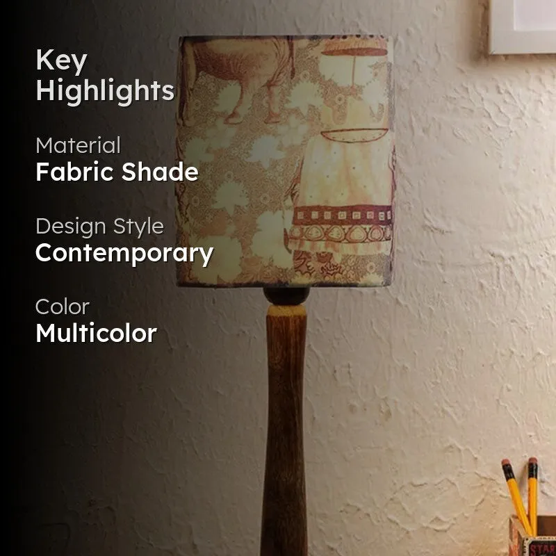 Table lamp with multicolour fabric shade and wooden base with highlight text overlay