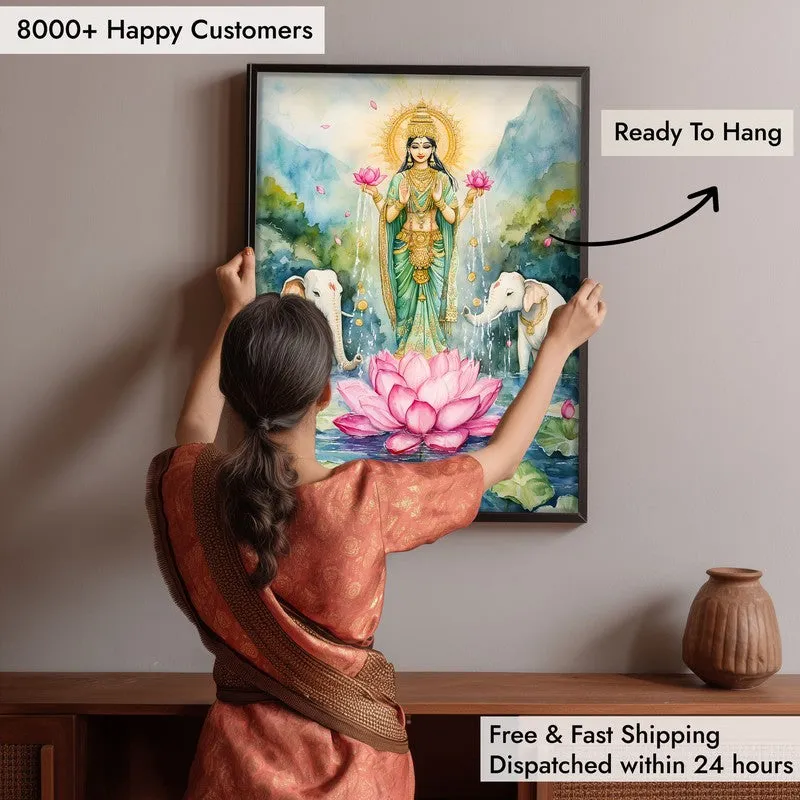 Divine Gaja Lakshmi Spiritual Archival Paper Wall Painting With Frame - Black media 6