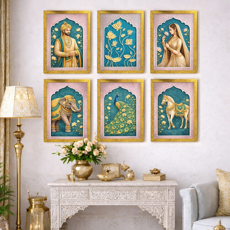 Vintage Valour Paper Wall Paintings With Frame - Set Of Six