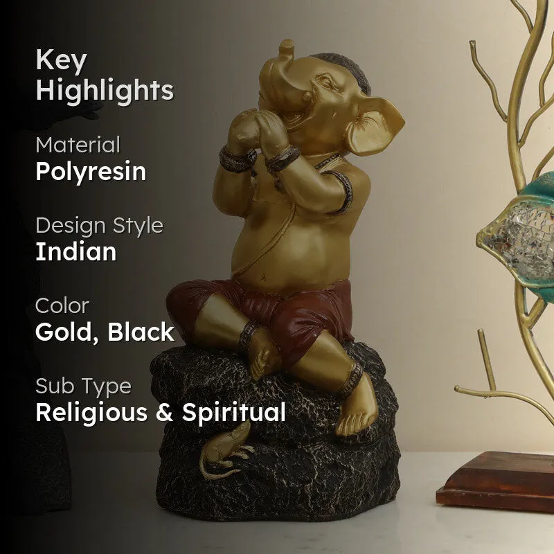 Playful Vinayaka Polyresin Showpiece - Gold & Black media 2