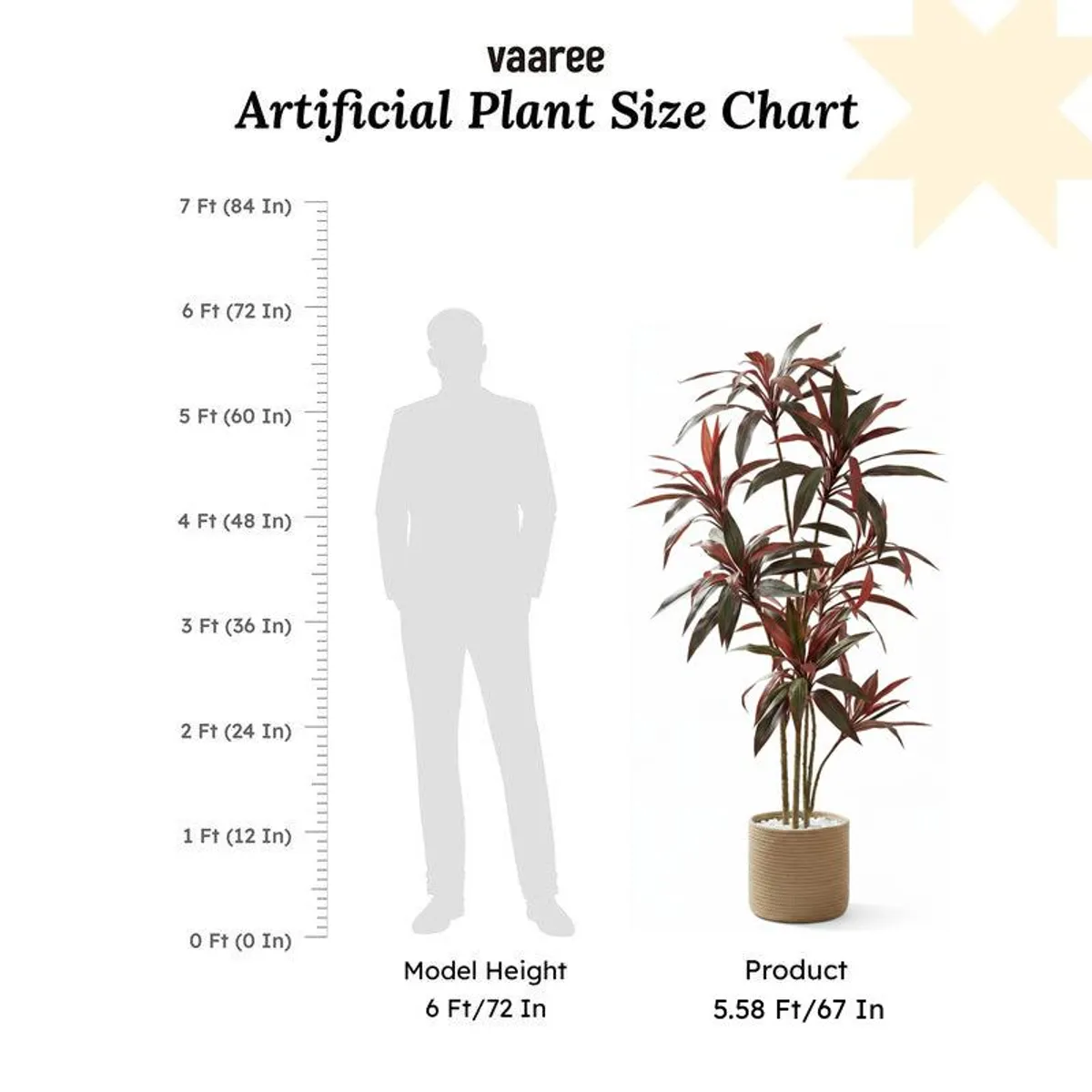 Artificial Dracaena shown beside a height comparison figure.