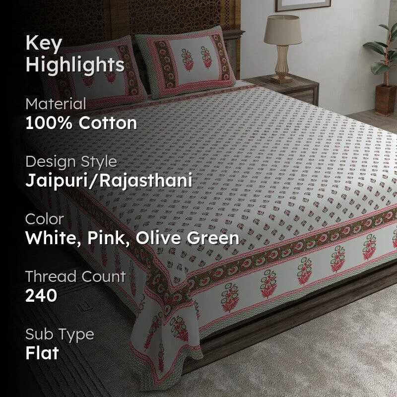 Nestva Cotton Bedsheet (White,Pink,Olive Green) - 240 TC media 2