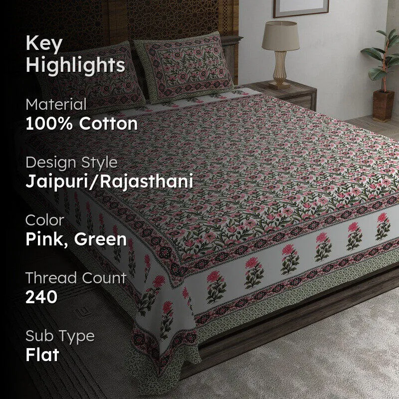 Gardenel Cotton Bedsheet (Pink,Green) - 240 TC media 2