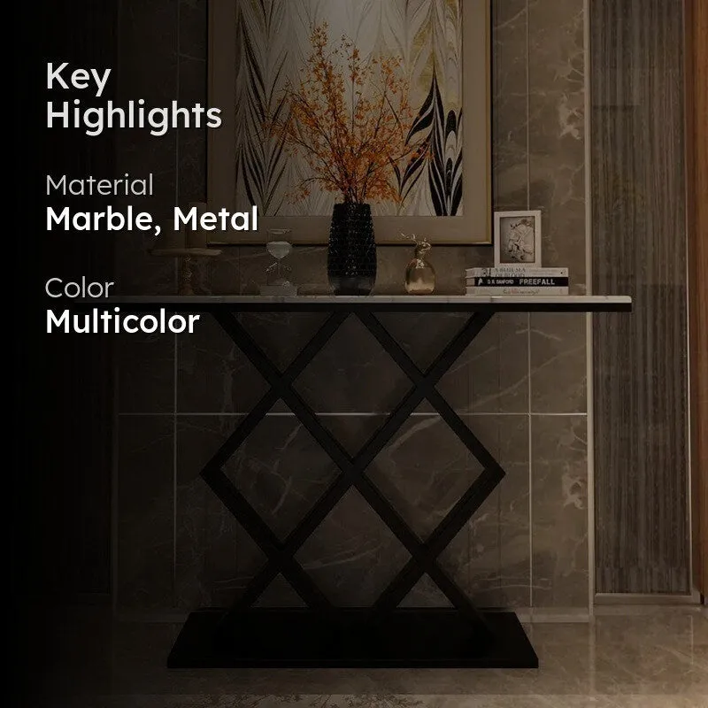 X Rhombus Metal Console Table with Mrable Top - Large media 2