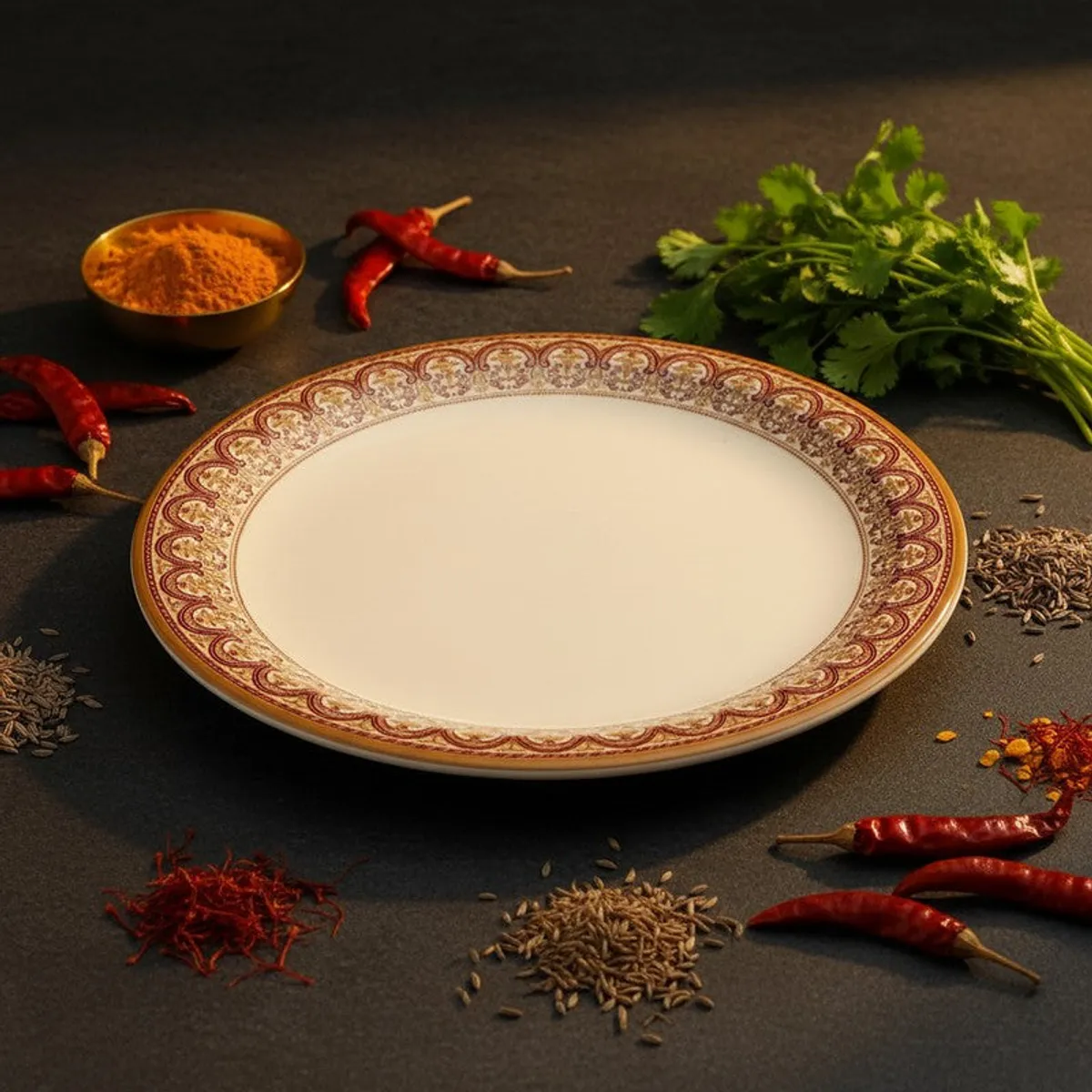 White quarter plate with ornate brown and gold border displayed with spices and chillies