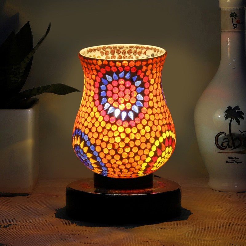 Crystalin Mosaic Glass Table Lamp With Wooden Base - Multicolor