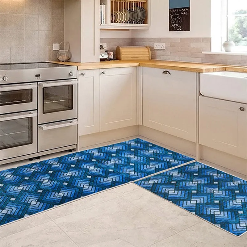 ContourLines Polyester Kitchen Floor Mats (Blue) - Set of Two media 1