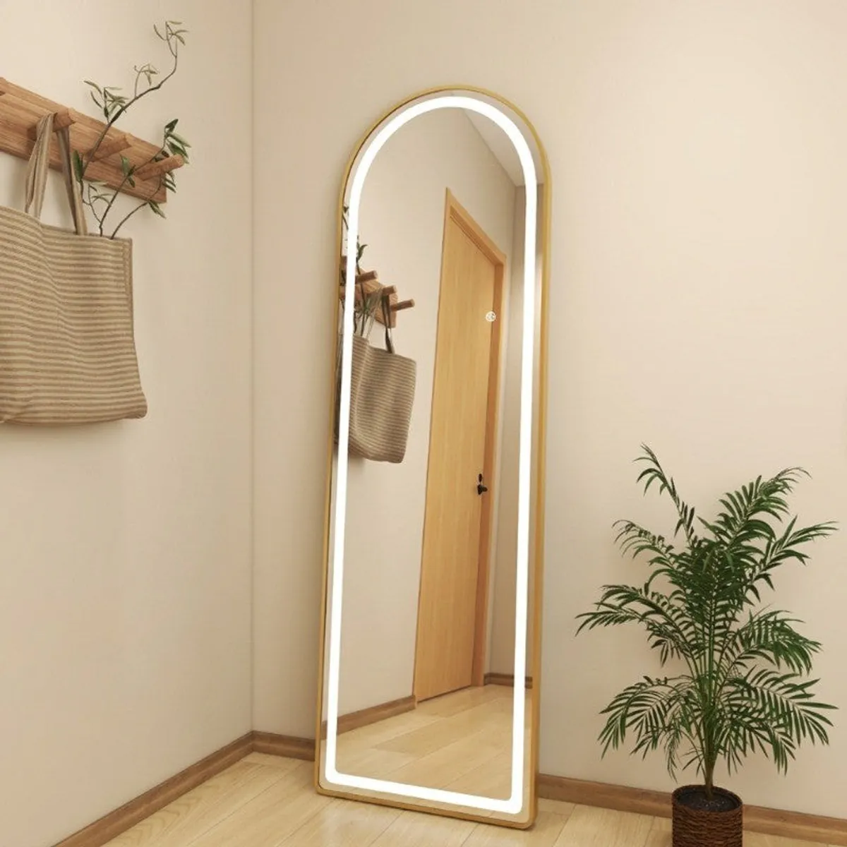 Gold arched LED floor mirror in a hallway beside a potted plant