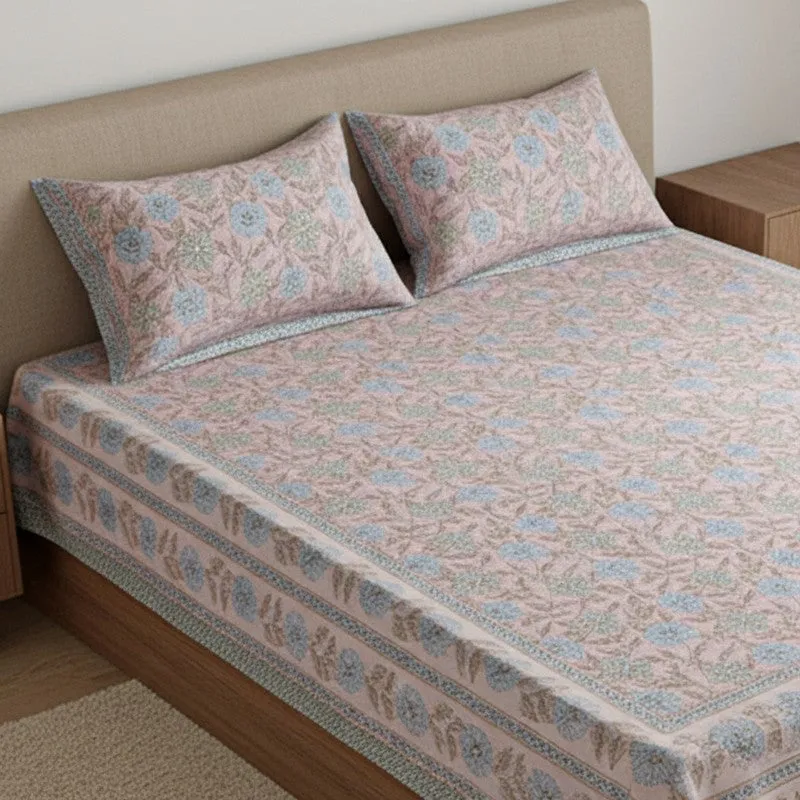 Niagra Floral Cotton Bedsheet (Peach,Blue) - 144 TC media 3