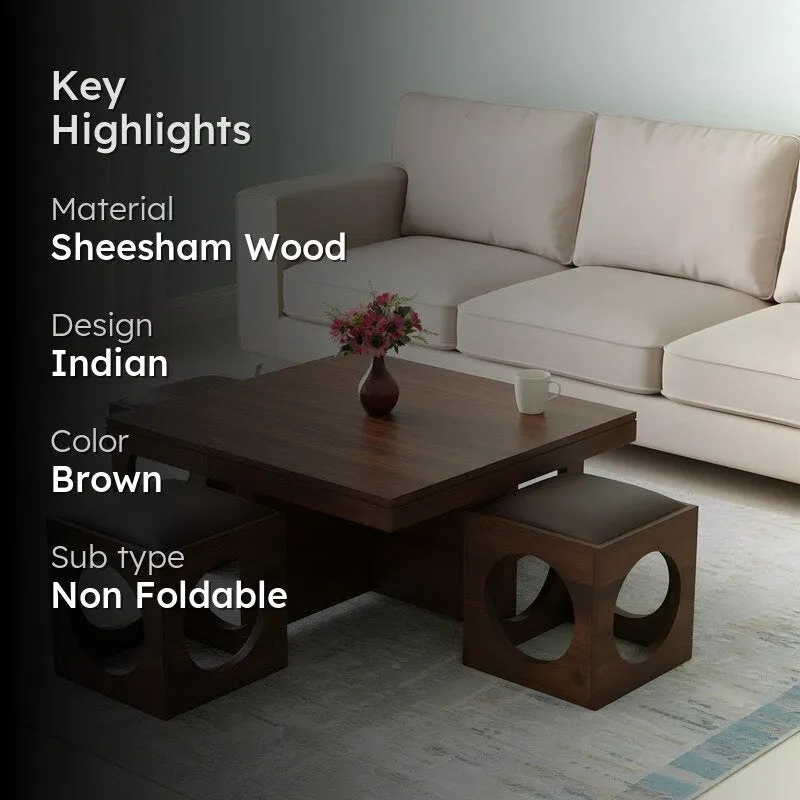 Lervon Sheesham Wooden Center Table with Stools (Brown) - Five Piece Set media 2