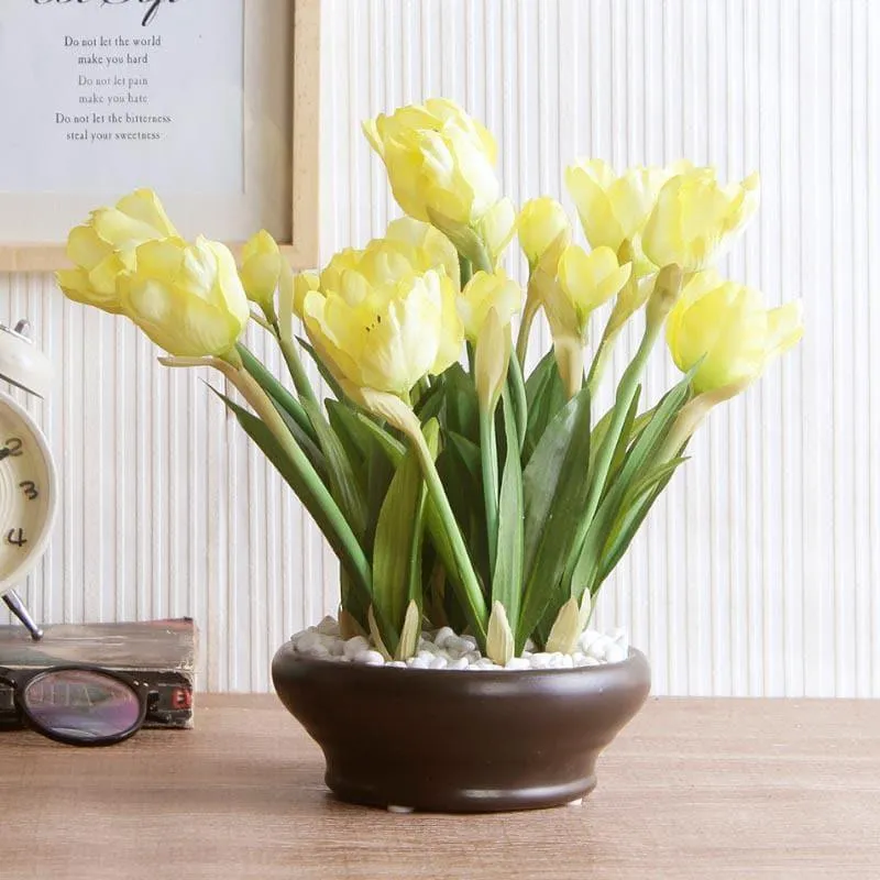 Faux Tulip Bonsai In Ceramic Pot (26 cms) - Yellow media 1