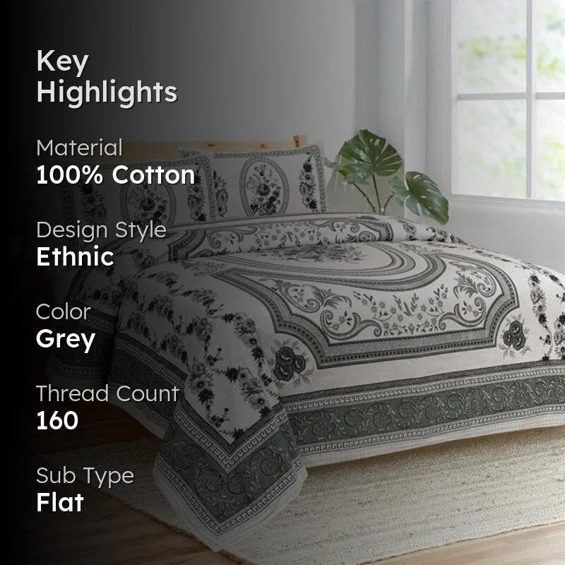 Mridankhi Ethnic Cotton Bedsheet (Grey) - 160 TC media 2