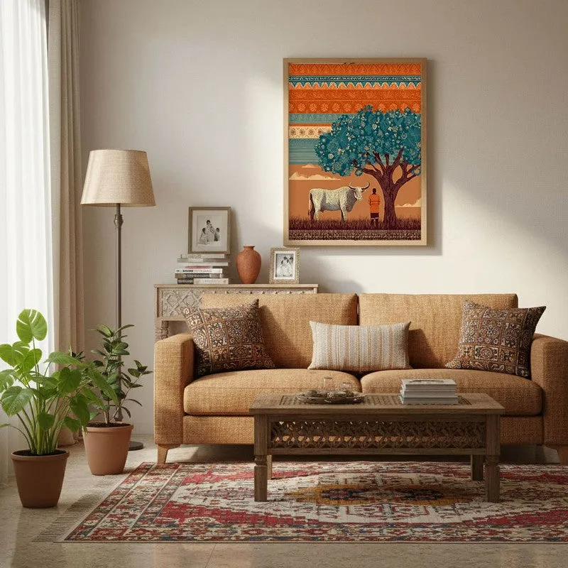 Kamadhenu Canvas Wall Painting With Brown Frame media 4