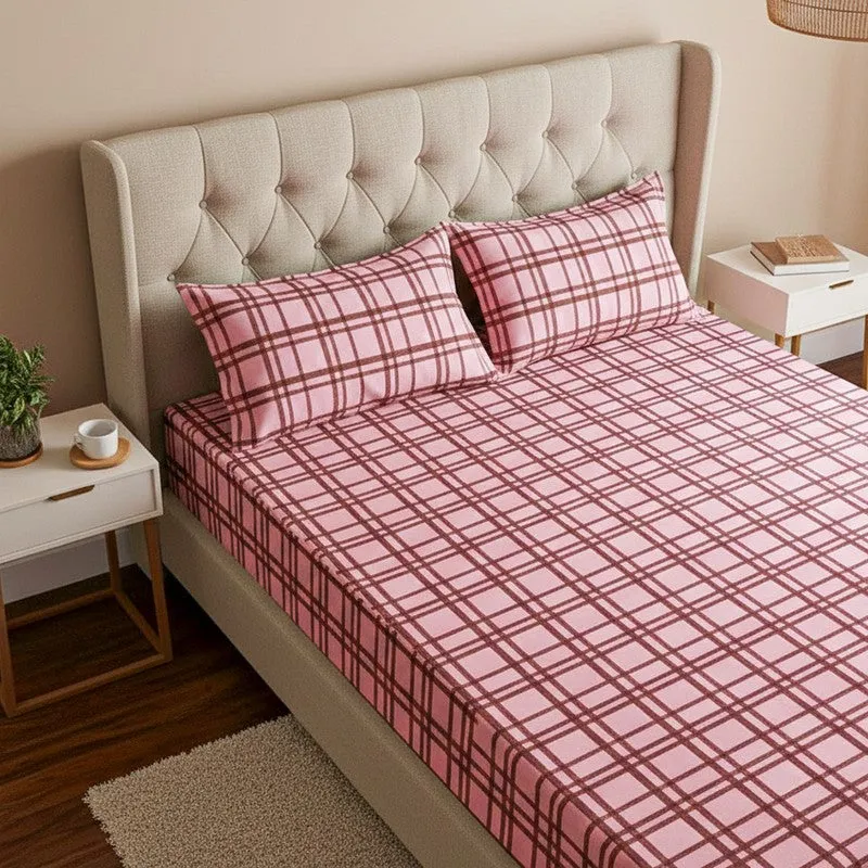 Sanja Checkered Cotton Bedsheet (Pink) - 144 TC media 3
