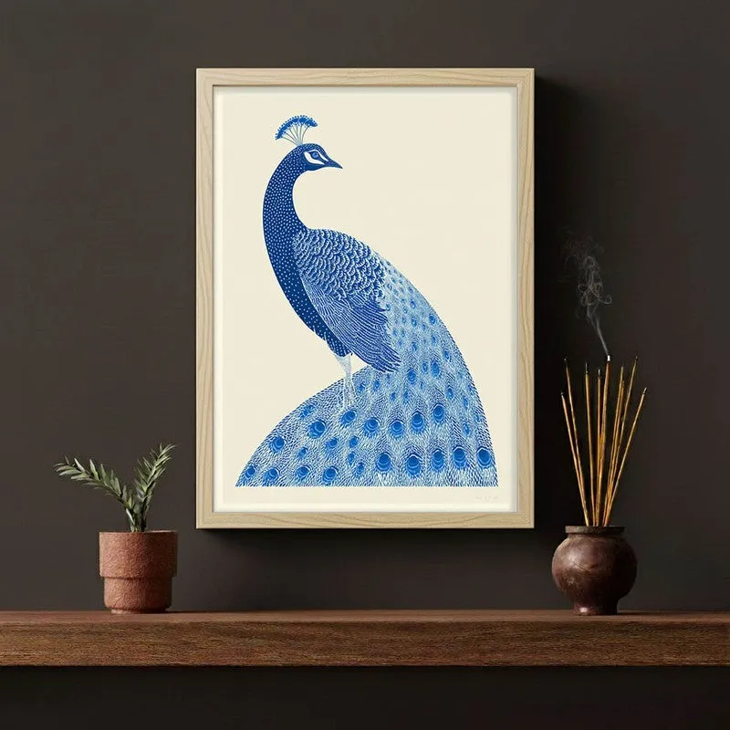 Royal Blue Peacock Canvas Wall Painting With Brown Frame media 6