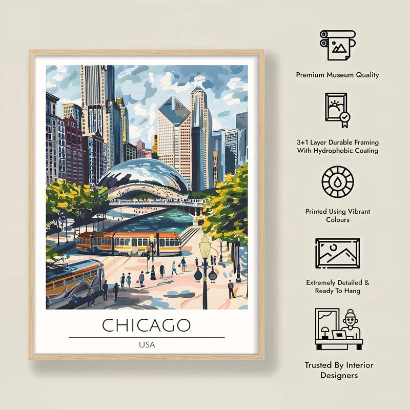 Vintage Chicago Framed Canvas Archival Canvas Wall Painting - Natural Brown Frame media 8