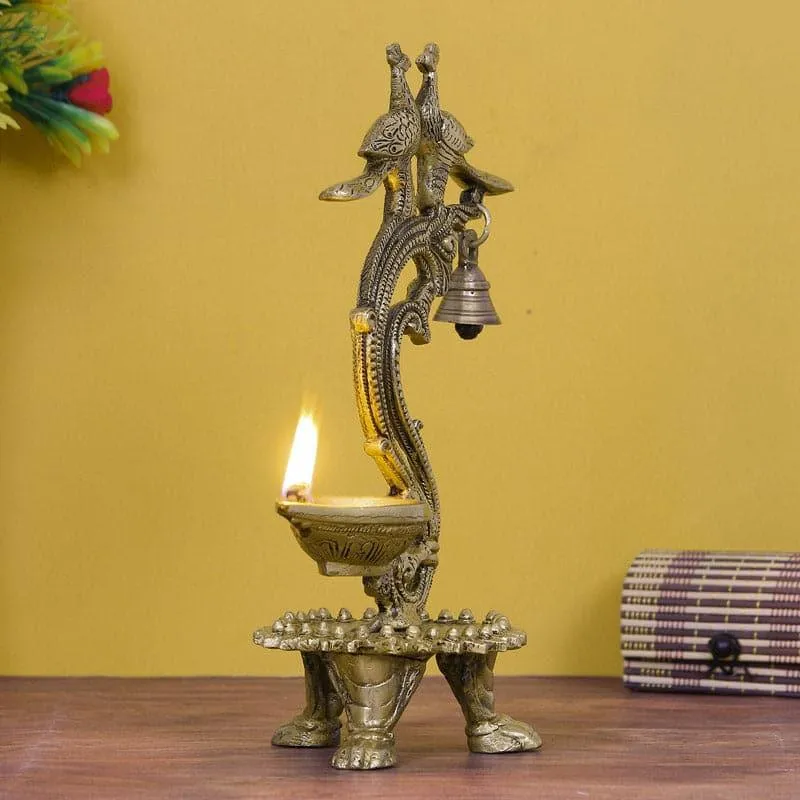 Peacock Couple Brass Diya With Bell - Gold media 3