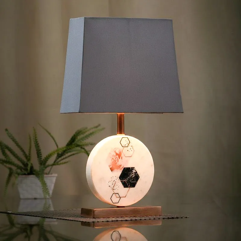 Hexa Marble & Copper Base Fabric Table Lamp - Grey,White media 1