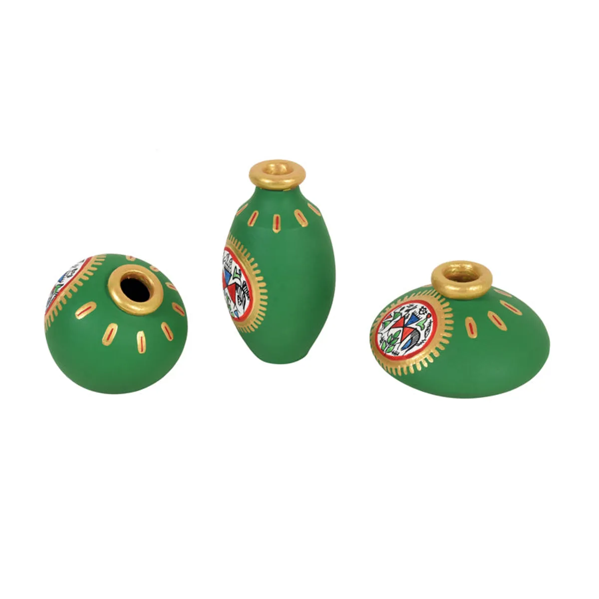 Top view of three green urn vases with hand-painted tribal motifs