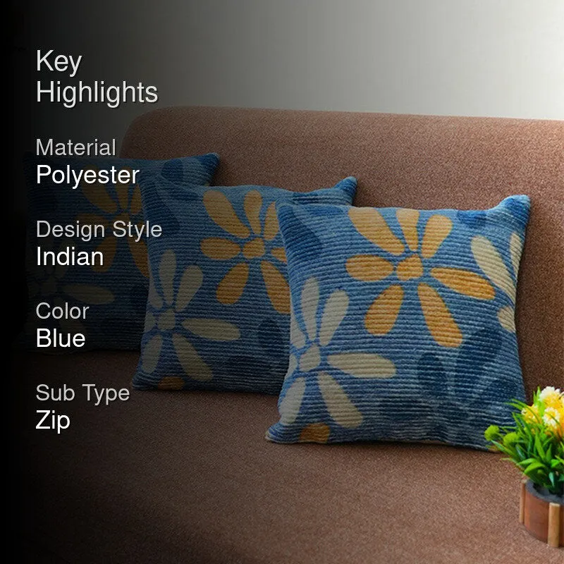 FloralGrace Cushion Cover (Blue, Yellow) - Set Of Three media 2