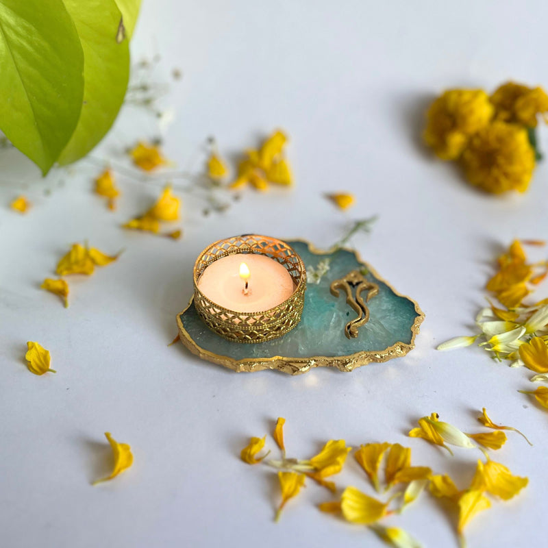 Ganesha Handcrafted Agate Tealight Candle Holder - Green