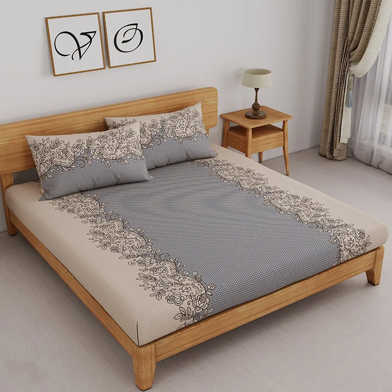 Earthen Flowers Fitted Microfiber Bedsheet (Grey) - 150 GSM media 1