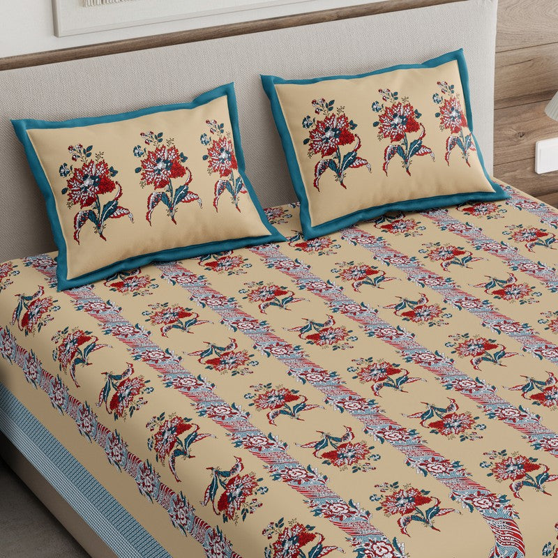 Rang Grace Cotton Bedsheet (Beige,Blue) - 120 TC media 3