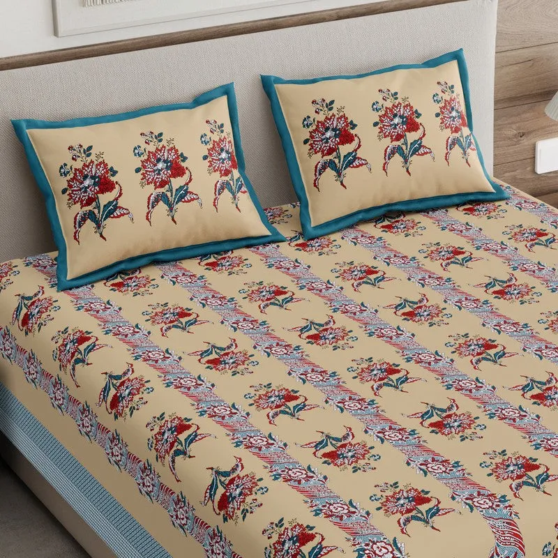 Rang Grace Cotton Bedsheet (Beige,Blue) - 120 TC media 3