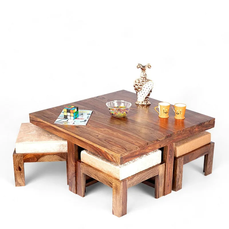 Evrino Sheesham Wooden Center Table with Stools and Cushions (Brown,Grey) - Nine Piece Set media 5
