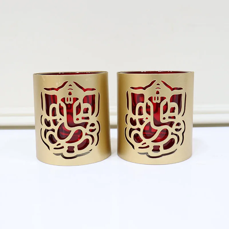 Ganesha Chaitanya Tealight Candle Holder (Gold & Red) - Set Of Two media 4