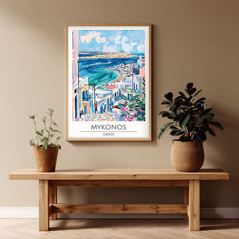 Vintage Mykonos Framed Canvas Archival Canvas Wall Painting - Natural Brown Frame