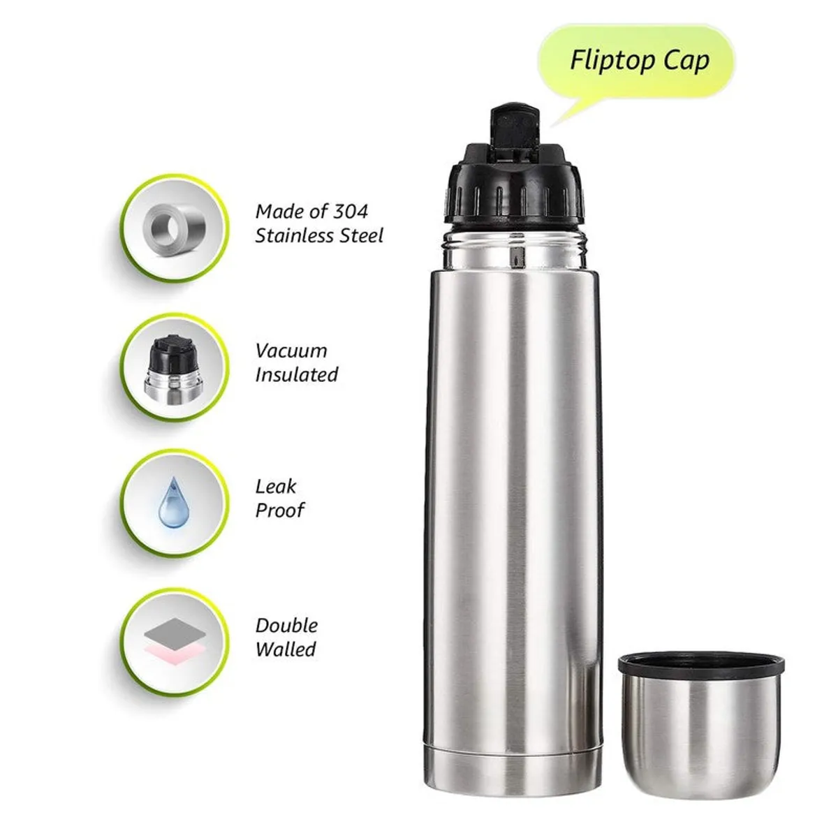 Silver insulated bottle with black flip-top cap and separate cup lid