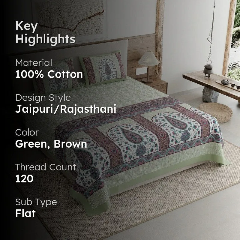 Ethnic Glow Cotton Bedsheet (Green,Brown) - 120 TC media 2