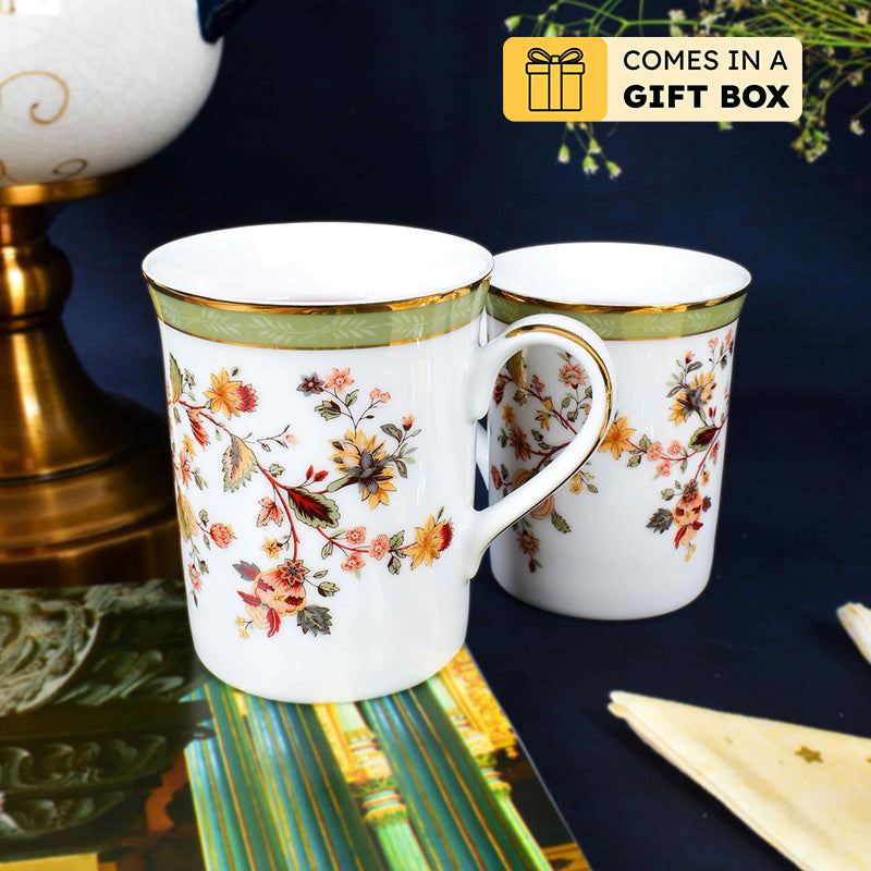 Painted Blooms 24k Gold Brushed Porcelain Coffee Mug (300 mL Each) - Set of Six