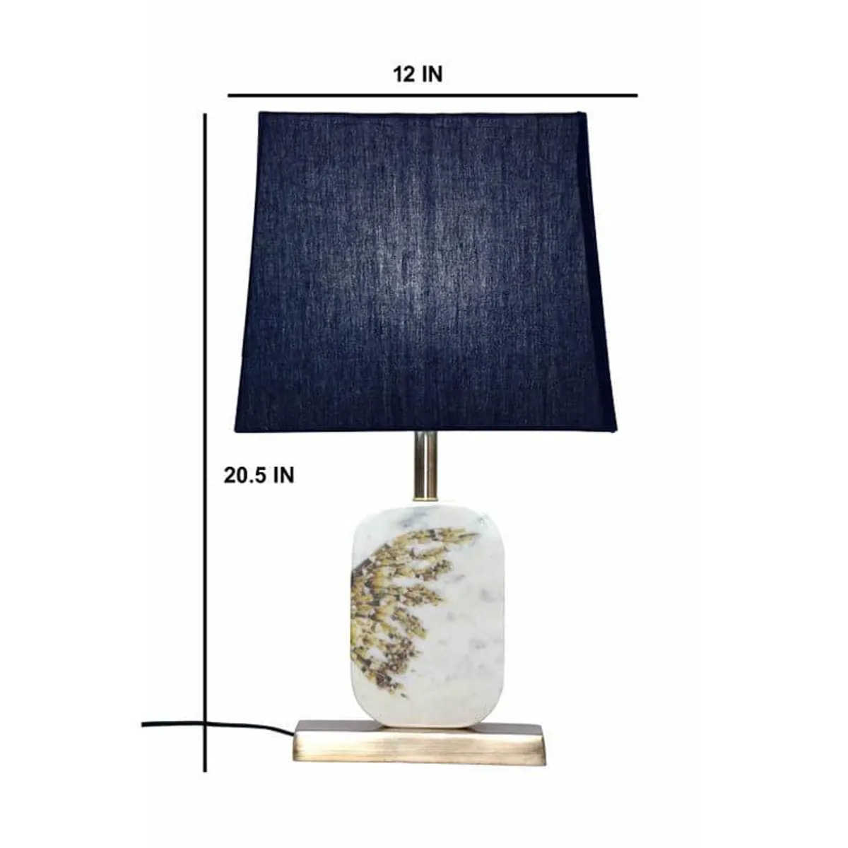 Blue fabric table lamp with white marble base and brass-toned stand on white background
