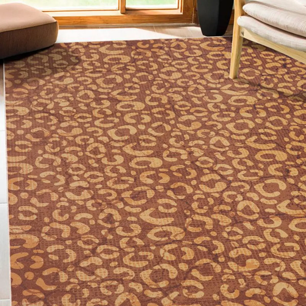Brown and beige patterned carpet placed in a living room setting