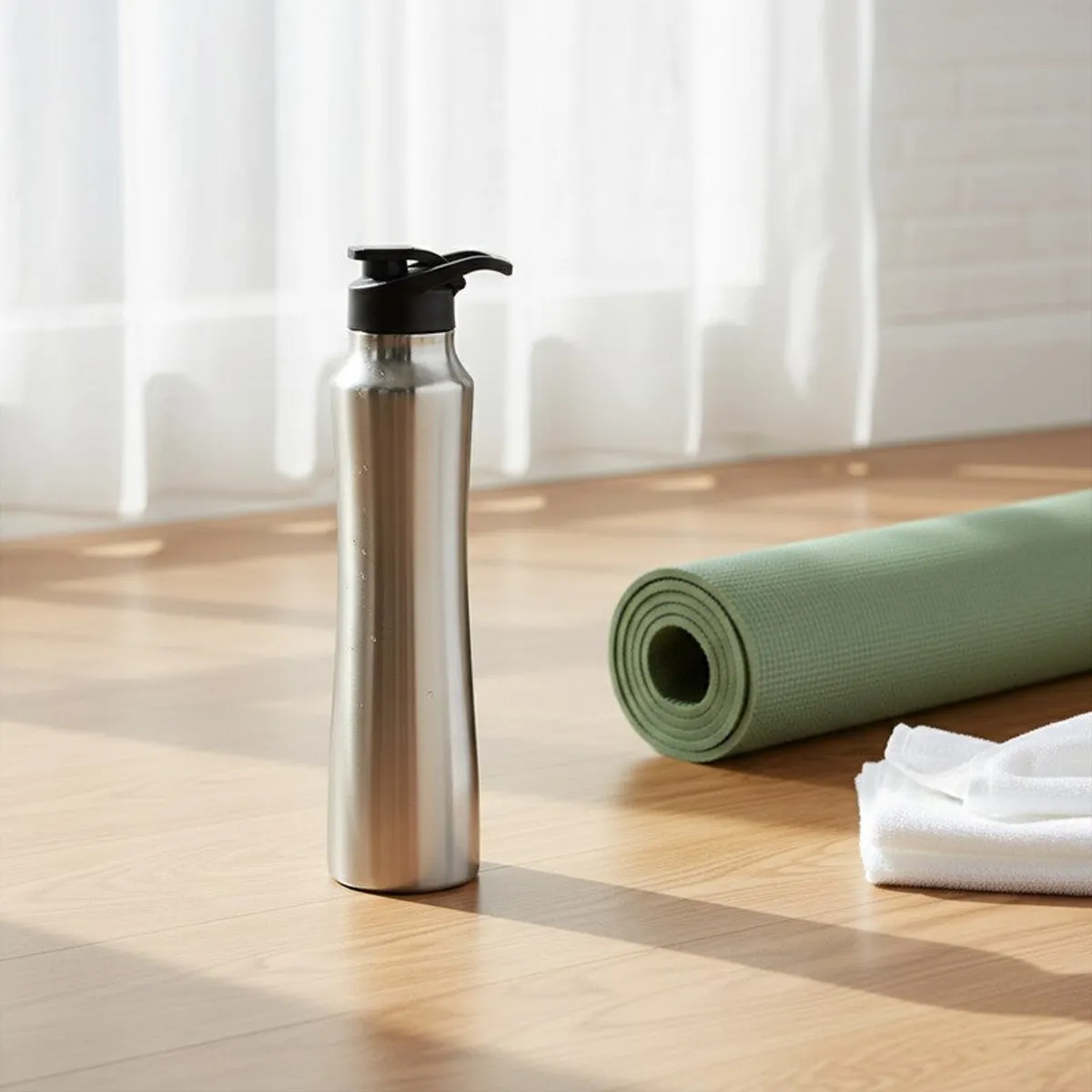 Silver steel bottle with black cap placed beside a yoga mat