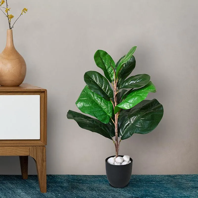 Green faux fiddle leaf fig plant with glossy leaves in a black pot beside a wooden cabinet