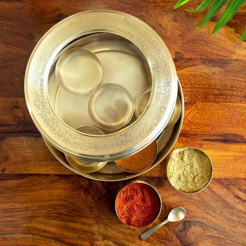 Spice Bloom Hand-Etched Brass Masala Box - 100 mL Each
