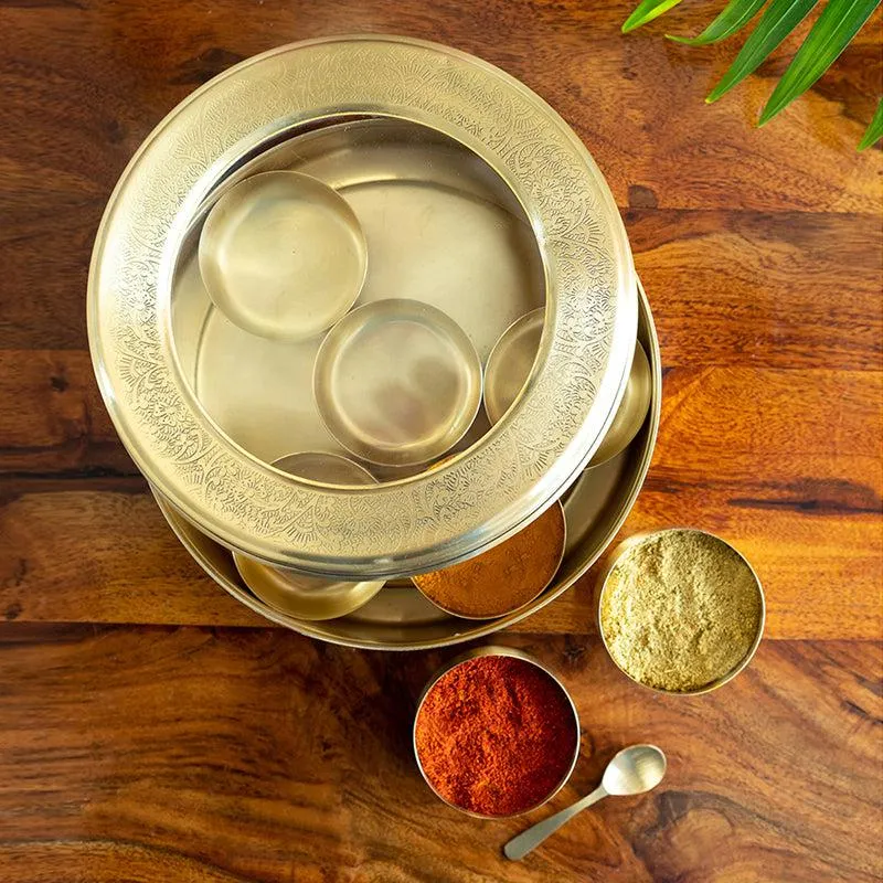 Spice Bloom Hand-Etched Brass Masala Box - 100 mL Each media 1