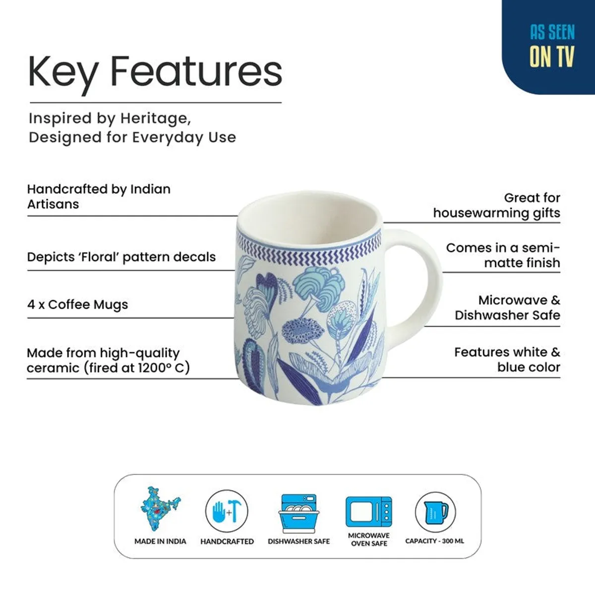 Close view of a white mug with blue floral pattern and glossy surface