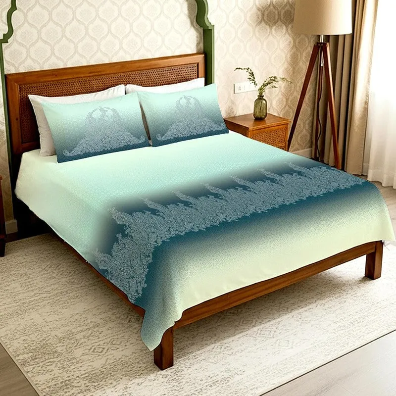 Urban Space Mrinal Calm Fitted Cotton Bedsheet (Blue) - 300 TC media 1