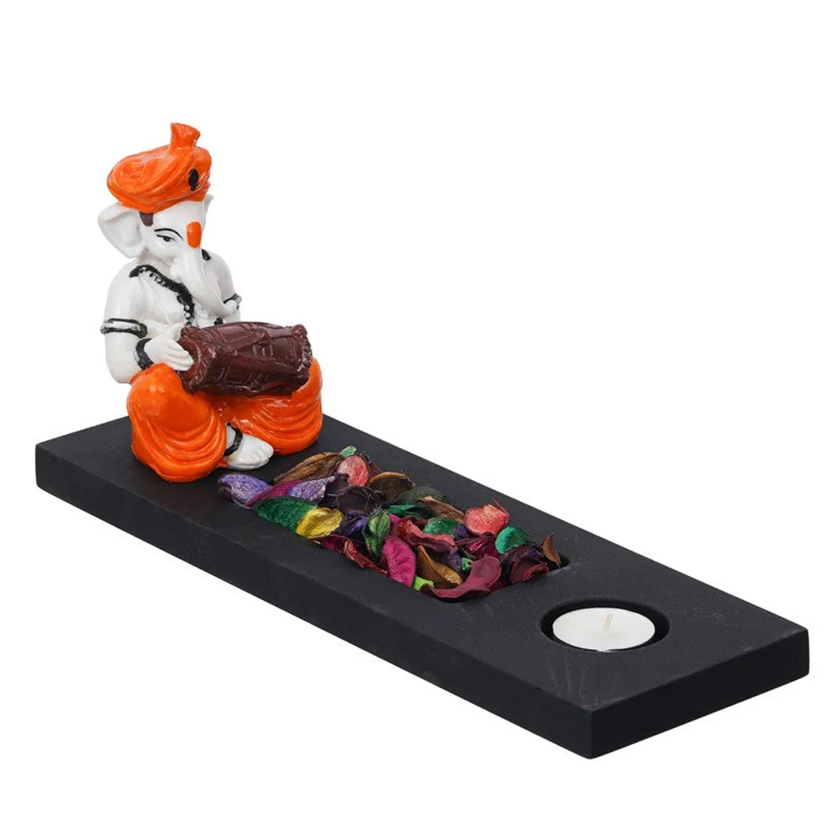 Ganesha tea light holder with black rectangular base on a white background