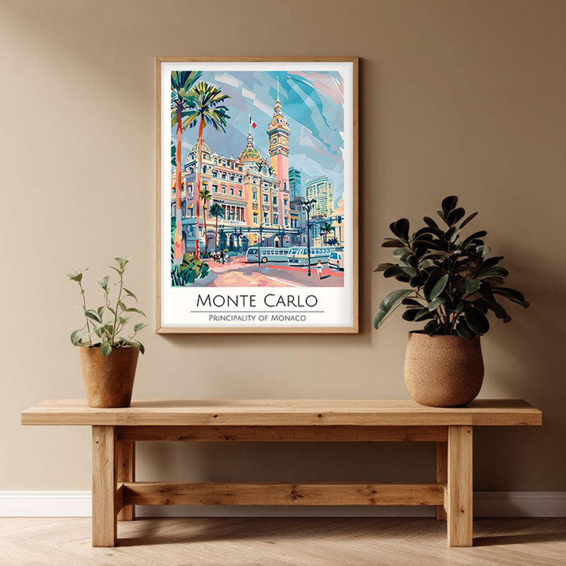 Vintage Monte Carlo Framed Canvas Archival Canvas Wall Painting - Natural Brown Frame