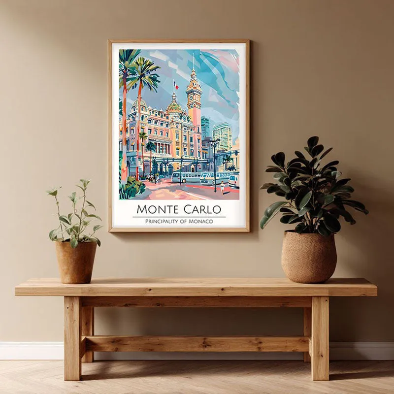 Vintage Monte Carlo Framed Canvas Archival Canvas Wall Painting - Natural Brown Frame media 1
