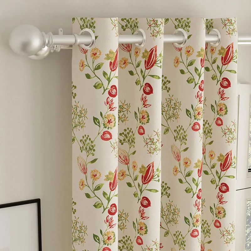 Red and ivory floral gulmohar curtain set of two fabric and print close-up