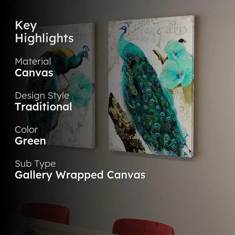 Peacock Ponder Canvas Wall Painting - Set Of Two media 2