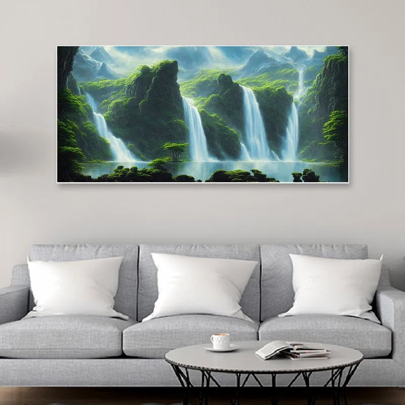 Framed waterfall landscape wall art above a grey sofa and round coffee table
